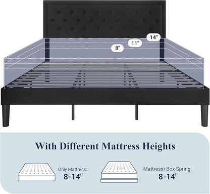 Allewie King Size Upholstered Platform Bed Frame with Adjustable Headboard, Button Tufted, Wood Slat Support, Easy Assembly, Black