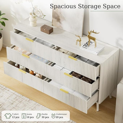 LYNSOM Fluted Dresser and Nightstand Sets 3 Piece, 6-Drawers Dresser and 1-Drawer Nightstands Set of 2, Wood Bedroom Furniture Set for Home, Bedroom, Hallway, White