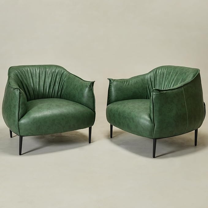 KINWELL 33" W Faux Leather Barrel Chairs Set of 2 with Hand-Tufted Pleated Back Flared Arms, Modern PU Upholstered Accent Chairs with Metal Legs, Large Armchairs Lounge Chairs for Living Room, Green