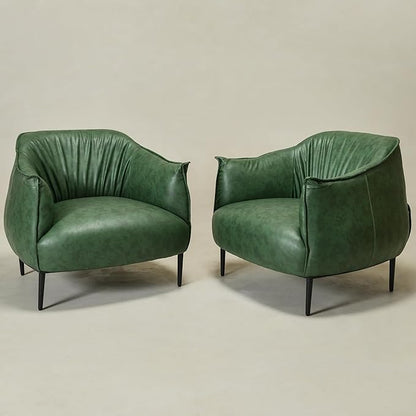 KINWELL 33" W Faux Leather Barrel Chairs Set of 2 with Hand-Tufted Pleated Back Flared Arms, Modern PU Upholstered Accent Chairs with Metal Legs, Large Armchairs Lounge Chairs for Living Room, Green
