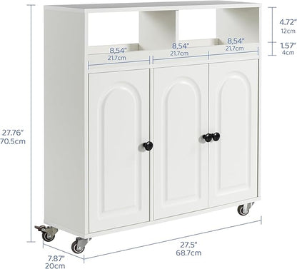 Bathroom Storage Cart with Doors，3-Door Cabinet & Divided Open Shelf，Rolling Organizer Cart for Bathroom, Toilet，White (2)