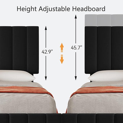 Garvee Queen Size Bed Frame with 4 Storage Drawers, Adjustable Height Headboard, Linen Upholstered Platform Bed Frame, No Box Spring Needed, Easy Assembly, Black