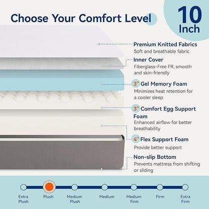 Amazon Basics Memory Foam Mattress, Soft Plush Feel, 10 Inch, Full, White/Grey
