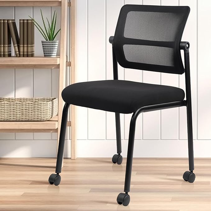 CLATINA Stacking Armless Office Guest Chair with Wheels, Stackable Mesh Waiting Room Reception Desk Chairs with Adjustable Backrest for Conference Lobby Side School, Black