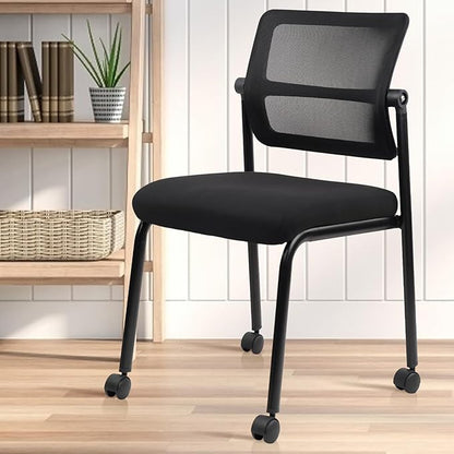 CLATINA Stacking Armless Office Guest Chair with Wheels, Stackable Mesh Waiting Room Reception Desk Chairs with Adjustable Backrest for Conference Lobby Side School, Black