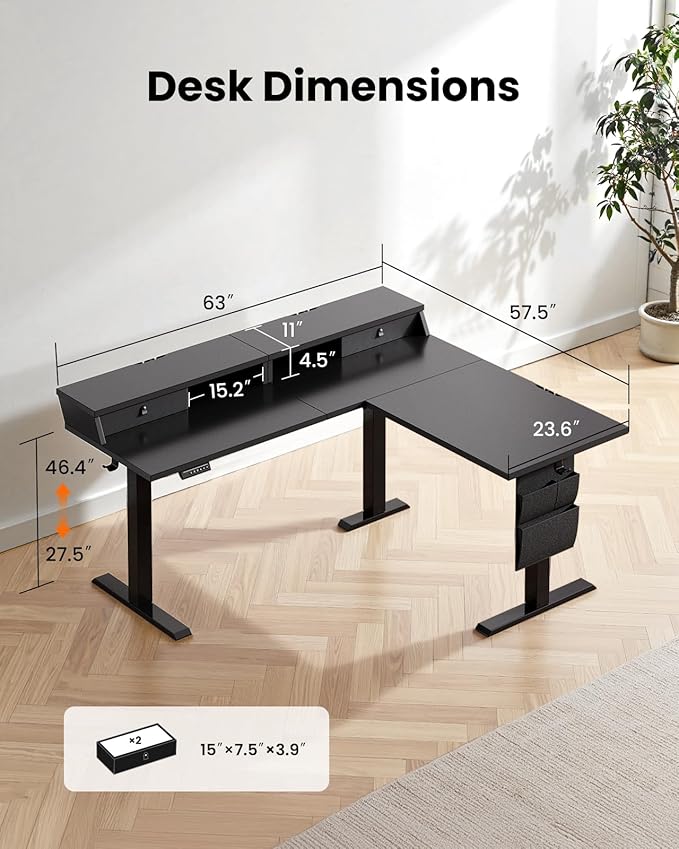 ErGear L Shaped Electric Standing Desk, 63" Ergonomic Corner Height Adjustable Desk with Drawers, Sit Stand Computer Table with Storage for Work Office Home, Black