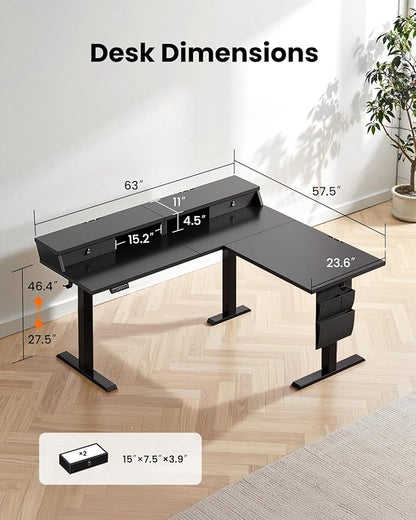 ErGear L Shaped Electric Standing Desk, 63" Ergonomic Corner Height Adjustable Desk with Drawers, Sit Stand Computer Table with Storage for Work Office Home, Black