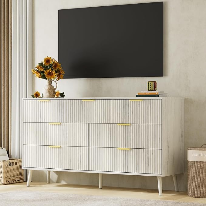 LYNSOM Fluted Dresser and Nightstand Sets 2 Piece, 2-Drawer Nightstands and 7-Drawers Dresser, Wood Bedroom Furniture Set for Home, Bedroom, Hallway, White