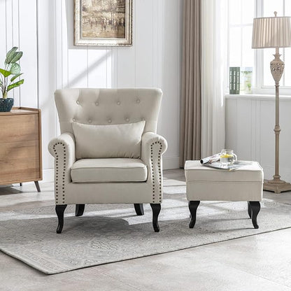 Accent Reading Arm Chairs with Ottoman for Living Room Bedroom, Midcentury Modern Comfy Corner Sofa Chair, Wingback Waiting Room Club Chair with Button Tufted Back &Lumbar Pillow, Linen Beige