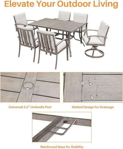 7-Piece Outdoor Dining Set, Aluminum Patio Dining Set with Umbrella Hole, Patio Table Furniture Sets with Cushions, 4 Dining Chairs, and 2 Swivel Chairs for Deck, Garden, Backyard, Limed Oak