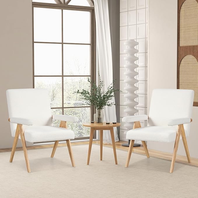 Giantex Mid-Century Modern Accent Chairs Set of 2, Sherpa Fabric Reading Chair with Padded Armrests, Solid Rubber Wood Frame, Upholstered Side Arm Chair for Living Room, Bedroom, Office, Beige