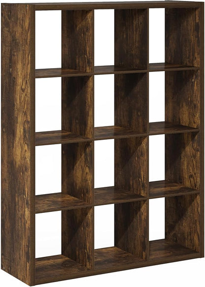 Furinno Cubicle Book Shelf, 12-Cube Thick Frame Bookshelf, Reversible Bookcase with Open Back, 14.6 x 43.8 x 58, for Living Room, Bedroom, Home Office, Amber Pine