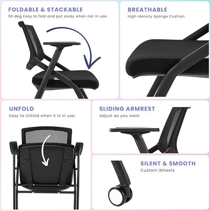 Conference Room Chairs with Wheels and Paddle, Ergonomic Mesh Back and Arms for Meeting, Conference, Reception, Training Room & Home Office Desk Folding Chairs 8 Pack