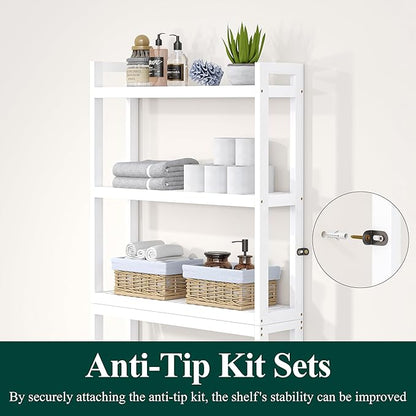 Smiry Over The Toilet Storage Cabinet, 3-Tier Bamboo Bathroom Organizers with Adjustable Shelf & 4 Hooks, Space Saving Shelf Rack for Bathrooms, Laundry Room, Balcony, White