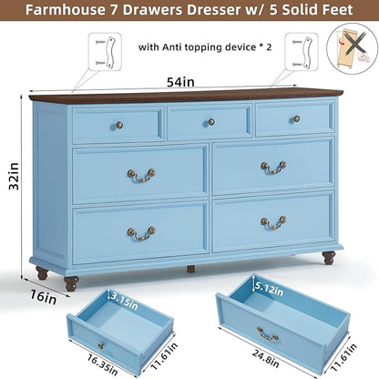 Farmhouse Dresser and Nightstand Sets, Wood 54" Wide Dresser & 24" Night Stand with Charging Station, 2 Piece Bedroom Furniture Set, Chest of Drawers for Bedroom, Home, Living Room, Hallway