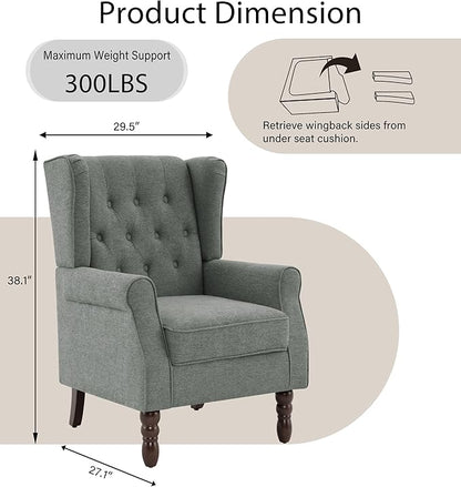 Lumibee High Back Accent Chair,Upholstered Wingback Armchair with Solid Wood Legs for Small Spaces,Comfy Single Sofa Chair for Living Room,Bedroom,Office-Gray