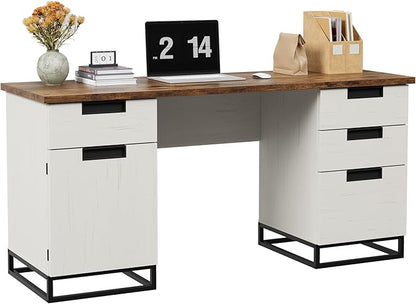 GAOMON Farmhouse Executive Desk, 59 Inch Computer Desk, White Home Office Desks with File Drawer and Storage Cabinet, Wood Writing Desks for Bedroom, Home Office, White+Vintage