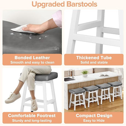 Counter Height Bar Stools Set of 3, 24 Inch Barstools for Kitchen Counter, Kitchen Stools with Bonded Leather Saddle Seats & Heavy Duty Metal Legs, Easy Assembly, Gray/White