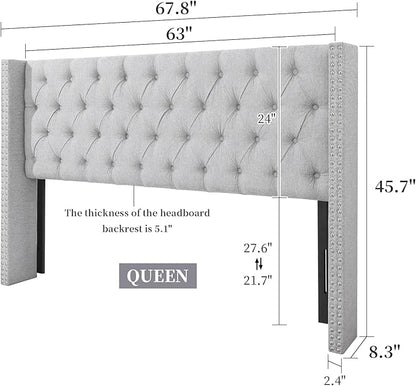 Lucky Monet Linen Upholstered Headboard Queen Size (Headboard Only), Nail Head Trim Wingback Tufted Button Headboard Luxury Soft Padded Head Board with Durable Metal Legs, Adjustable Height, Grey