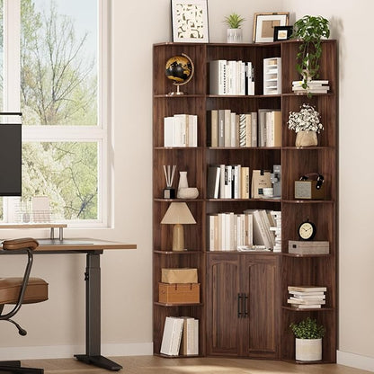 74" Tall Corner Bookshelf with 2 Arched Doors, 6-Tire L Shaped Bookcase with 16 Open Storage Shelves, Rustic Large Corner Shelf with Cabinet for Living Room, Home Office