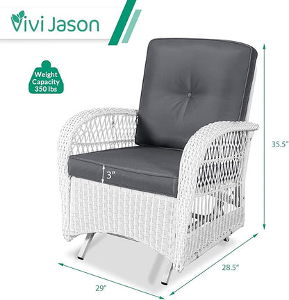 VIVIJASON 2-Piece Outdoor White Wicker Glider Rocking Chair, Patio Rattan Swing Glider Chairs with Cushions & Steel Frame, All-Weather Gliding Lawn Wicker Furniture for Garden Backyard Porch, Grey