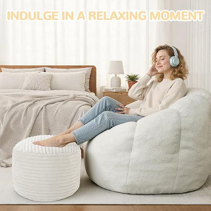 MeMoreCool Stuffed Round Pouf Ottoman Foot Rest, Soft Plush Floor Pouf Foot Stool, Corduray Footstool Footrest, Small Round Ottoman for Living Room Couch Sofa Chair, 20x15 Inch Beige