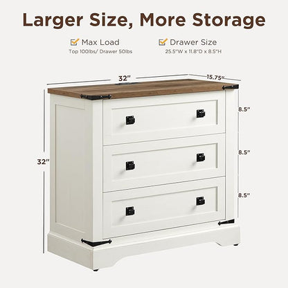 T4TREAM Farmhouse 3 Drawers Dresser for Bedroom, Rustic Wood Wide Dresser TV Stand for Living Room, Hallway, Antique White