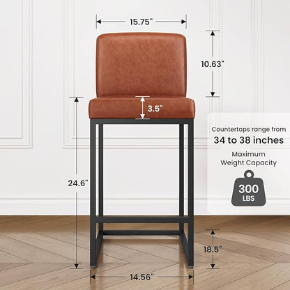 PHI VILLA Brown Bar Stools Set of 6, Counter Height Bar Stool Faux Leather Barstools with Back, 24 inch Kitchen Bar Chairs