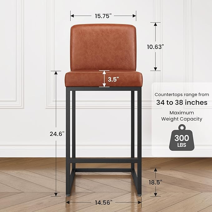 PHI VILLA Bar Stools Set of 3 - Counter Height Bar Stool Leather Stools for Kitchen Counter, Brown Bar Stools with Back