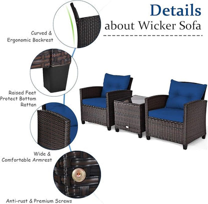 Tangkula 3 Pieces Patio Furniture Set, PE Rattan Wicker 3 Pcs Outdoor Sofa Set w/Washable Cushion and Tempered Glass Tabletop, Conversation Furniture for Garden Poolside Balcony (Blue)