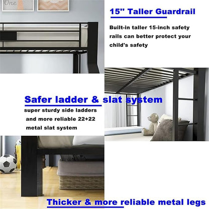 Upgraded Version Thicken Metal Full XL Over Queen Bunk Bed, Stronger Heavy Duty Steel Bunk Bed Full Over Queen Size, Best Bunkbed Frame for Adults, Easy Assembly, Black (Queen)