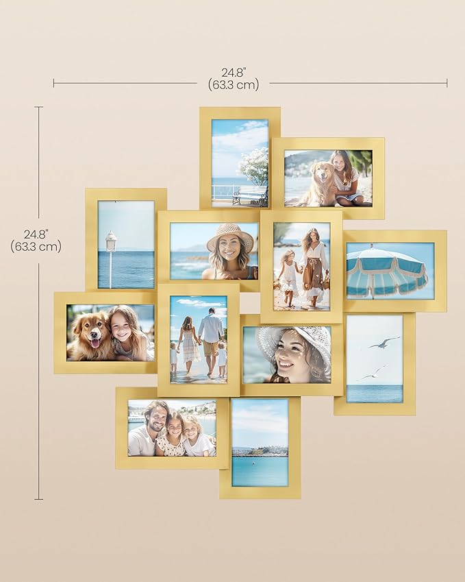 SONGMICS 4x6 Collage Picture Frames, 12-Pack Photo Collage Frame for Wall Decor, Glass Front, Assembly Required, Christmas Gift, Pale Gold URPF022A01