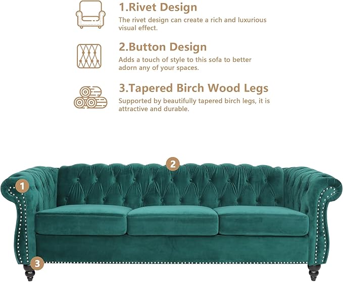 Chesterfield 3 Seater Sofa, Modern Velvet Tufted Couch 3 Seater with Rolled Arms and Nailhead Mid-Century Upholstered Couch for Living Room, Bedroom, Apartment and Office, Green