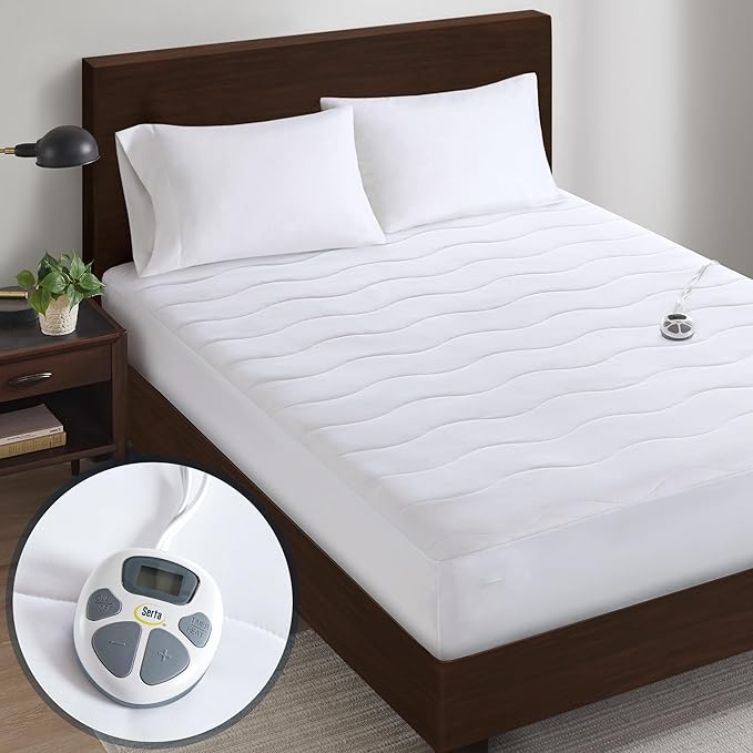 Serta Heated Mattress Pad Twin Size - Electric Mattress Pad, 10 Heat Setting Controller, Auto Shut Off Timer, Deep Elastic Pocket, Up to 17" Mattress, ETL Certified, Machine Wash, Twin, White