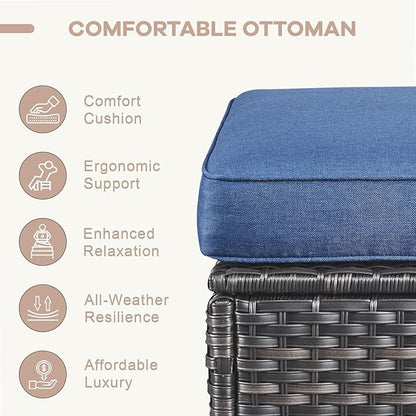 Swivel Patio Chairs sofa Set of 9 with 6" Thick Cushion - Wicker Outdoor Swivel Rocker Patio Chair ,Sofa/Glass coffee table, High Back Comfortable Outdoor Glider Chairs - Gery Wicker | Blue Cushions