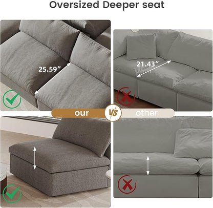 Cloud Modular Sectional Sofa,160" Down Filled Comfort Sofa Couch for Living Room,4 Seater Couches for Livingroon Apartment,Sofa Cover Washable and Replaceable,Grey