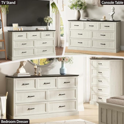 Farmhouse 7 Drawer Dresser for Bedroom, 55 Inch Wide Modern White Dresser TV Stand with Large Drawers & Bar Handles, Rustic Wood Chest of Drawers for Bedroom, Living Room
