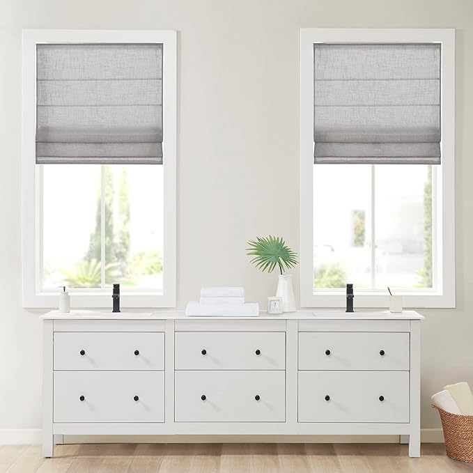 Madison Park Kyler Cordless Roman Shades - Single Panel, Lightweight Linen Blend Fabric, Natural Design, Easy Installation, Light Filtering Window Blind, Bedroom, Living Room Decor 29" W x 64" H Grey
