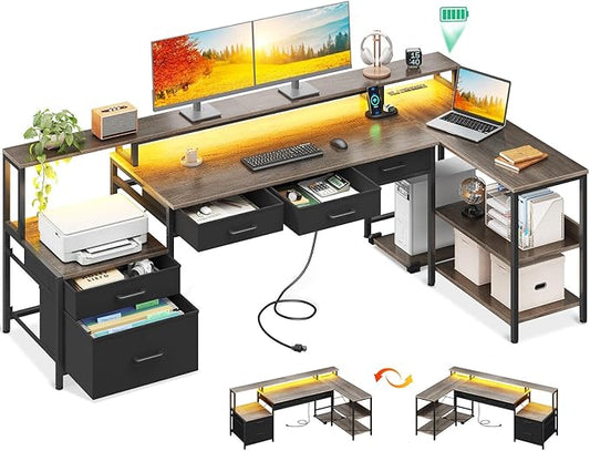 AODK L Shaped Desk with 5 File Drawers, 75" Reversible L Shaped Computer Desk with Power Outlet & LED Strip, Office Desk with Storage Shelves, Gaming Table with Monitor Shelf, Corner Table, Grey Oak