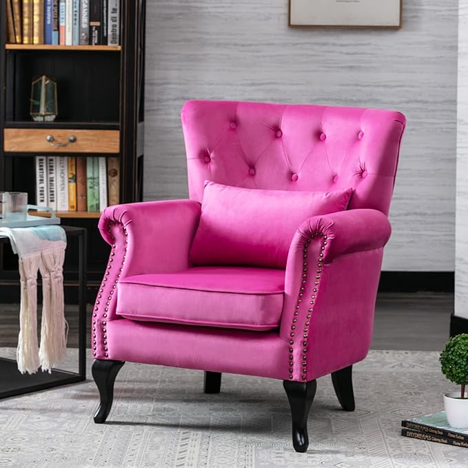 chairus Mid-Century Modern Accent Chairs Set of 2, Comfy Tufted Single Sofa Chair Wingback Armchair with Pillow for Club, Living Room, Bedroom - Velvet, Rose