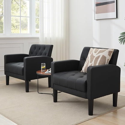 TYBOATLE Leather Chairs Set of 2 Comfy Living Room Chair Black Leather Tufted Mid Century Modern Accent Chair, Small Cozy Reading Arm Chair for Office, Bedroom