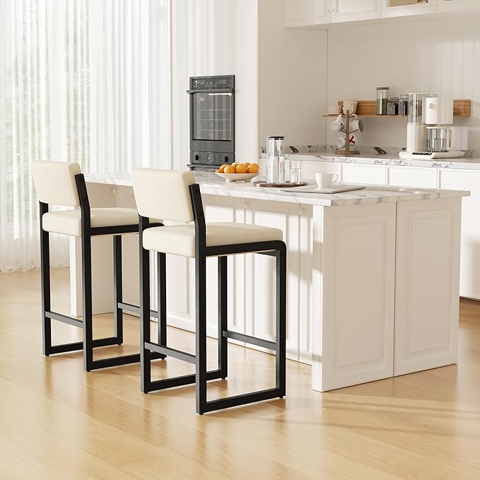 Bar Stools Set of 6, Fabric Counter Height Bar Stools with High Back and Metal Legs, Upholstered Bar Chairs, 26" Modern Barstools for Kitchen Island, Beige