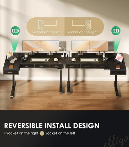 OffiGo 63 Inch L Shaped Electric Standing Desk with Drawers, Height Adjustable Large Desk with Power Outlets, Sit Stand Table, Writing Computer Desk for Home, Office, Workstation, Black