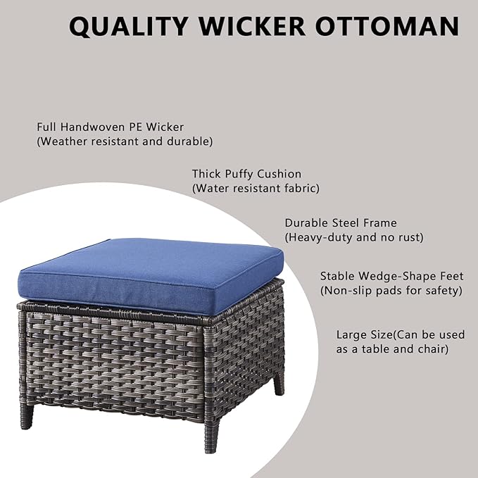 Rilyson Wicker Outdoor Patio Furniture Set - 8 Piece Patio Conversation Sets with Swivel Rocker Chairs, Ottomans, Sofa and Coffee Table, 6 inch Cushions, Deep Seating, for Porch Deck Mixed Grey/Blue