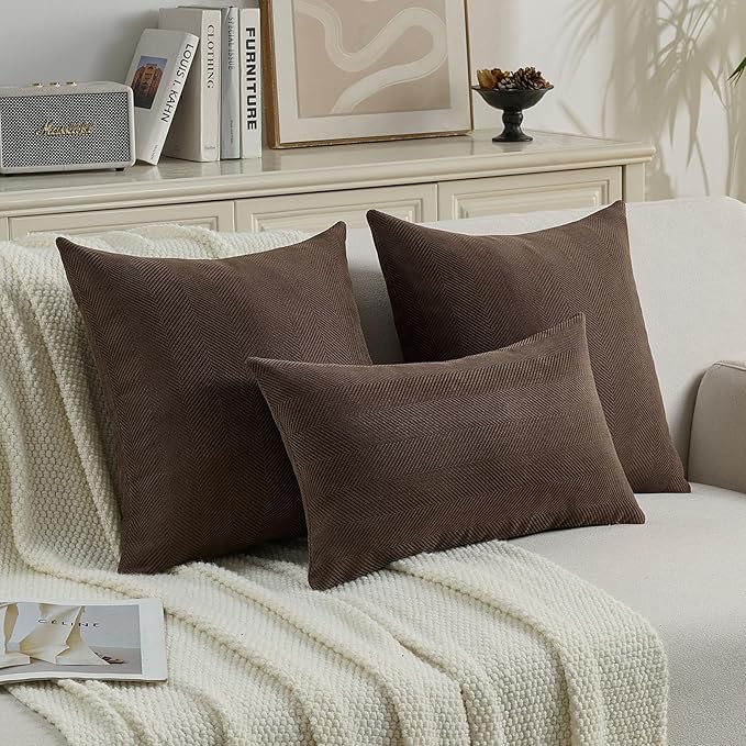 FUTEI Dark Coffee Chenille Throw Pillow Covers 16x16 Inch Set of 2,Soft Wide Chevron Textured Cushion Case,Farmhouse Home Decor for Couch Bed Living Room