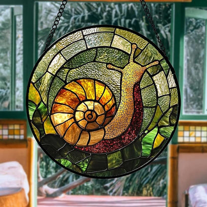 Stained Glass Window Hanging, Green Orange Snail Sun Catcher for Door Home Decor Suncatcher Christmas Mother's Day Birthday Gifts for Women Men Mom and Nana 6.3 in