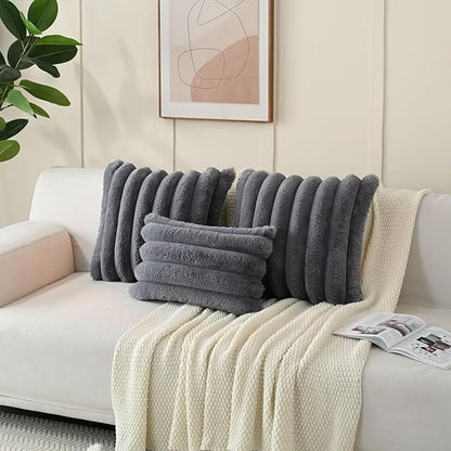 FUTEI Grey Decorative Throw Pillow Covers 18x18 Inch Set of 2, Square Soft Faux Rabbit Fur Thick Striped Cushion Cover,Winter Home Decor for Couch Bed Living Room
