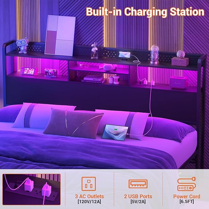 Unikito Headboard for King Size Bed with Storage Shelf, Head Board with 3 Outlets and 2 USB Ports, Headboards with RGB LED Light, Height Adjustable, Sturdy and Stable, Easy Assembly, Black
