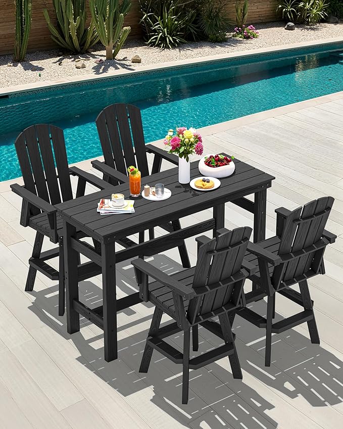 SERWALL 5-Piece Swivel Adirondack Bar Set, HDPE Swivel Bar Height Chairs Set of 4 with Bar Table, All-Weather Outdoor Barstools for Patio, Poolside, Garden, Black