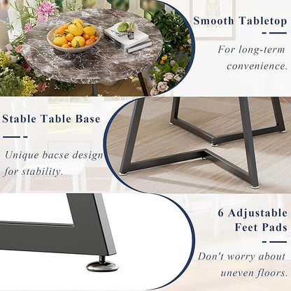 VECELO Small Round Dining Table Set for 2, Wood Tabletop with Strong Metal Frame, Modern Dinette with Chairs for Kitchen, Breakfast Nook Living Room, Faux Marbled & Grey